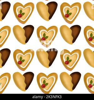 Christmas heart cookie 3d seamless pattern vector, chocolate ginger biscuit Xmas cute cookies Stock Vector