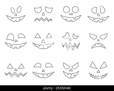 Scary line faces of Halloween pumpkins set. Horror ghost linear face collection. Vector isolated on white Stock Vector