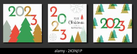 2023 Happy New Year posters set. Design templates with typography logo 2023 for celebration and season decoration. Minimalistic trendy backgrounds for Stock Vector