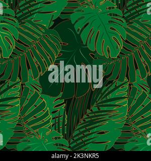 Seamless green pattern monstera and palm leaves. Stock Vector
