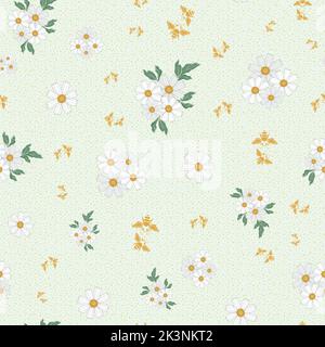 Chamomile floral seamless vector pattern background. Scattered groups of flower heads of ancient medicinal herb on pastel green backdrop. Painterly Stock Vector