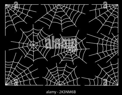 Spider web set isolated on dark background. Hanging Halloween cobwebs. Scary spiderweb outline decoration. Tangled web for catching insects in spooky darkness. Cobweb collection line art spiders webs Stock Vector