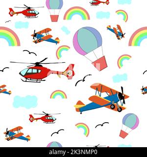 A seamless pattern with different types of aircraft isolated on a white vertical background. Stock Vector