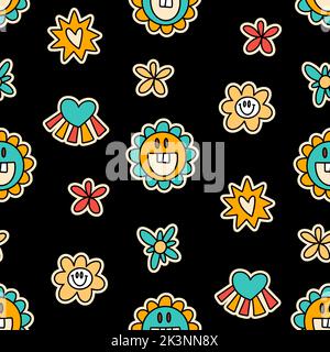 Cute cartoon groovy flower sticker vector seamless pattern. Hippie retro background illustration Stock Vector