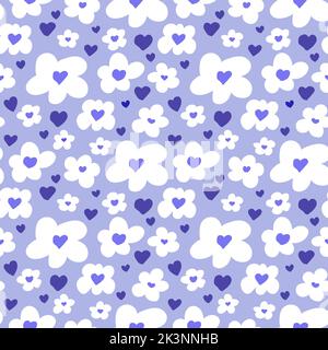 White flowers and hearts on blue background vector seamless pattern. Vintage floral background. Ditsy style. Stock Vector