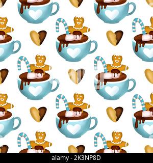 Christmas drink cream 3d vector seamless pattern, cocoa cup dessert chocolate art, winter coffee hot illustration Stock Vector