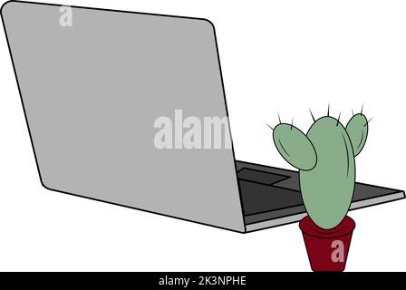 Set of Isometric laptop and cactus with thorns in a flower pot in trendy hues. Isolate. Sticker. Icon. Suitable for banner, label, wallpaper, poster, postcard. Copyspase. Isolate. Vector illustration Stock Vector