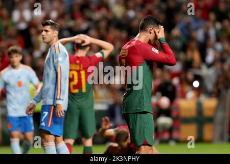Lisbon, Portugal. 27th Sep, 2022. Cristiano Ronaldo (R) of Portugal reacts during the League A Group 2 match against Spain at the 2022 UEFA Nations League in Lisbon, Portugal, Sept. 27, 2022. Credit: Pedro Fiuza/Xinhua/Alamy Live News Stock Photo