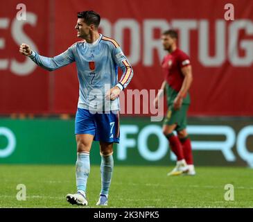 Lisbon, Portugal. 27th Sep, 2022. Alvaro Morata (L) of Spain celebrates his goal during the League A Group 2 match against Portugal at the 2022 UEFA Nations League in Lisbon, Portugal, Sept. 27, 2022. Credit: Pedro Fiuza/Xinhua/Alamy Live News Stock Photo