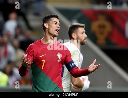 Lisbon, Portugal. 27th Sep, 2022. Cristiano Ronaldo (L) of Portugal reacts during the League A Group 2 match against Spain at the 2022 UEFA Nations League in Lisbon, Portugal, Sept. 27, 2022. Credit: Pedro Fiuza/Xinhua/Alamy Live News Stock Photo
