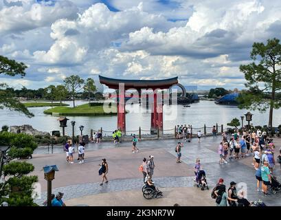 Bay lake, FL USA - September 15, 2022: Overlook view of tourists walking down the Japan Pavilion at the Epcot theme park Stock Photo