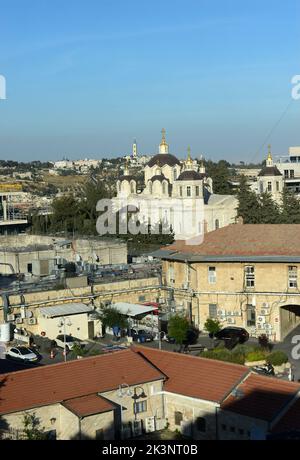A view of the Russian Orthodox Cathedral of the holy trinity in the Russian compound in Western Jerusalem and the Church of Ascension on Mt. of Olives
