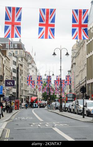 The Strand in London bedecked in Union Flags for Her Majesty the Queen's Platinum Jubilee Celebrations