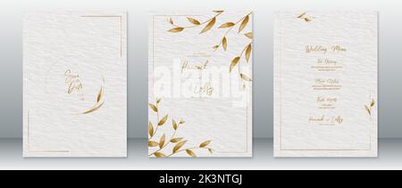 Wedding invitation card template luxury design with gold frame ,gold leaf wreath and watercolor texture background Stock Vector