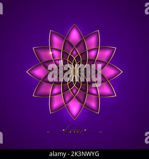 Pink Lotus flower, sacred geometry mandala, golden luxury ornament, gold line art floral logo. Flower blossom symbols of yoga, spa, beauty salon, Stock Vector