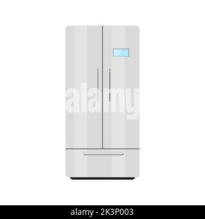 Refrigerator double leaf fridge kitchen white flat. Vertical icebox freezer food preservation fresh antibacterial self defrosting automatic no frost professional store food ready meal isolated Stock Vector