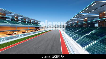 3d rendering does not exist futuristic Racetrack Circuit with arrow sign glass railing Stock Photo