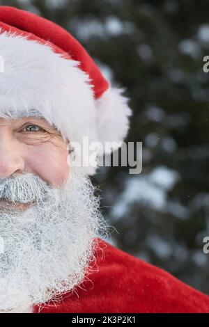 Vertical half portrait of traditional Santa Claus smiling outdoors in winter forest Stock Photo
