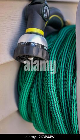 Garden Sprinkler Irrigation Hose Expandable Flexible Water Hoses Set. Expandable Flexible Garden Water Hose Pipe. Nobody, close up, selective focus Stock Photo