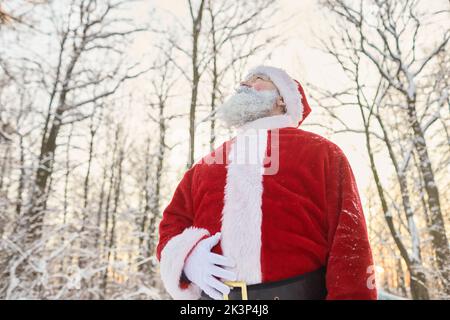 Low angle portrait of traditional santa Claus wearing red coat in winter forest and looking up, copy space Stock Photo