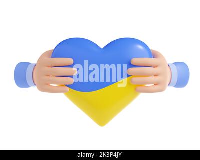 3D illustration of two hands holding Ukraine heart isolated on white background. Patriotic emoji icon. Love for country, stop war, support Ukrainians, charity sign in national flag yellow, blue colors Stock Photo