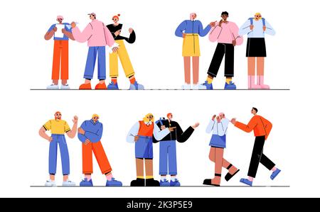 School bully torment classmates. Aggressive teenagers laugh and pointing on helpless students. Teens violence and sabotage. Characters bullying, aggression, conflict, Line art flat vector illustration Stock Vector