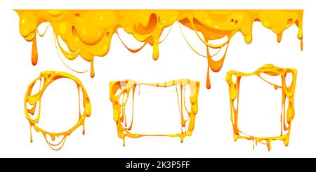 Melt cheese frames, cartoon set of borders with mellow dripping stretches, design elements for pizza, sandwiches or pasta, cheesy food texture flow isolated on white background, Vector illustration Stock Vector