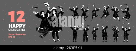 Set of happy graduate student, characters in gowns and academic caps jump, rejoice and cheer up for getting diploma and degree, end of university education, Linear flat vector monochrome illustration Stock Vector