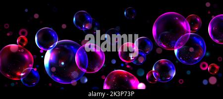 Abstract background with transparent soap bubbles. Horizontal poster with flying 3d shiny air bubbles with neon light reflections on black background, vector realistic illustration Stock Vector