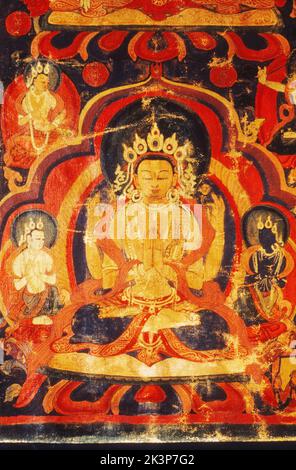 Thangka, Tibetan Buddhist painting, Detail Four Figures: Sadaksari Avalokitesvara at lower left Guge style, circa 17th century, Karsha Monastery in Sa Stock Photo