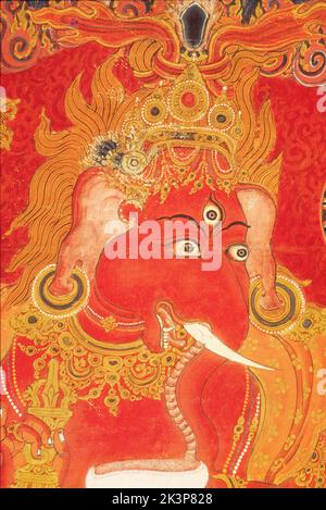 Thangka, Tibetan Buddhist painting, 15th -16th century, Ganesha, Tibetan Nepali School, gTsang District, Closer View Stock Photo