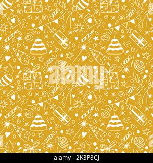 Birthday seamless pattern in vector. Hand drawn doodle background with gifts, cake, party flags, balloons, candle, confetti on gold for decor, textile Stock Vector