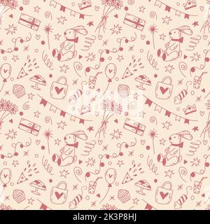 Doodle birthday seamless pattern in pink and champagne. Cute cartoon vector background for St. Valentine's with daisies, gift, flags, balloons, sweets Stock Vector