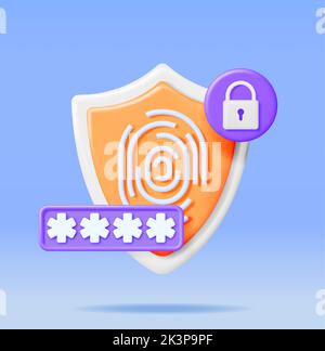 3D Locked Password Field and Fingerprint in Shield Stock Vector