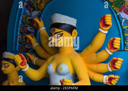 Beautifully decorated face of Hindu Goddess Durga. Stock Photo