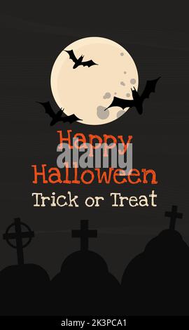 Lettering Happy Halloween and Trick or Treat against a full moon night sky with bats and tombstones Stock Vector