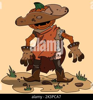 scarecrow pumpkin in cowboy outfit halloween illustration Stock Vector