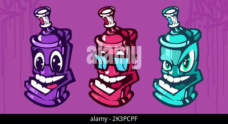 Cartoon Abstract Hiphop Graffiti Style Spray Cans Vector Illustration Template Set Stock Vector