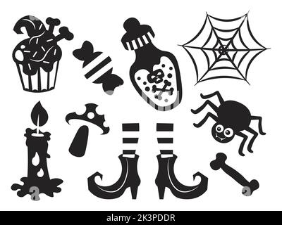 set of silhouettes halloween vector cobweb spider shoes candy Stock Vector