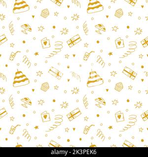 Seamless doodle vector pattern with sweets, birthday cake, gifts and stars. Cute cartoon background for birthday, St. Valentine's in gold color for de Stock Vector