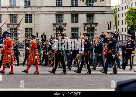 Members Of The British Royal Family Walk Behind The Coffin Of Queen Elizabeth II As The Funeral Procession Travels Up Whitehall, London, UK. Stock Photo