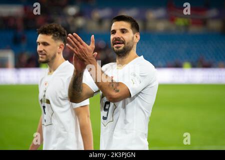 Oslo, Norway. 27th Sep, 2022. Aleksandar Mitrovic (9) of Serbia seen after the UEFA Nations League match between Norway and Serbia at Ullevaal Stadion in Oslo. (Photo Credit: Gonzales Photo/Alamy Live News Stock Photo