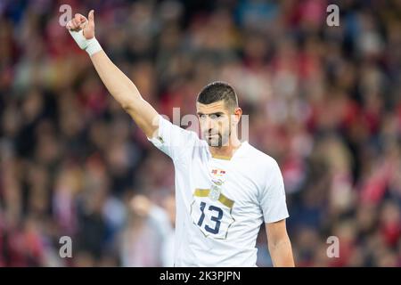 Oslo, Norway. 27th Sep, 2022. Stefan Mitrovic (13) of Serbia seen during the UEFA Nations League match between Norway and Serbia at Ullevaal Stadion in Oslo. (Photo Credit: Gonzales Photo/Alamy Live News Stock Photo