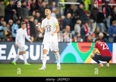 Oslo, Norway. 27th Sep, 2022. Stefan Mitrovic (13) of Serbia seen during the UEFA Nations League match between Norway and Serbia at Ullevaal Stadion in Oslo. (Photo Credit: Gonzales Photo/Alamy Live News Stock Photo