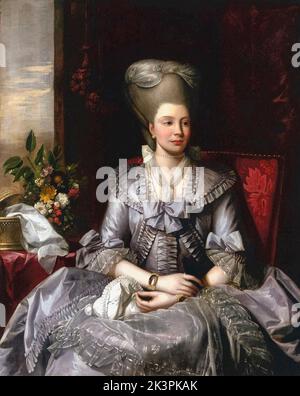 Queen Charlotte of Mecklenburg-Strelitz (1744-1818), Queen Consort of the United Kingdom, portrait painting in oil on canvas by Benjamin West, circa 1776 Stock Photo