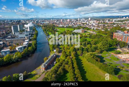 Aerial view of Glasgow Green park beside River Clyde  in Glasgow, Scotland, UK Stock Photo