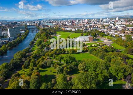 Aerial view of Glasgow Green park beside River Clyde  in Glasgow, Scotland, UK Stock Photo