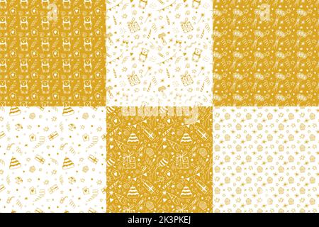 Set of vector hand drawn doodle seamless patterns in gold and white colors for wrapping paper, children textile, invitation, card making Stock Vector