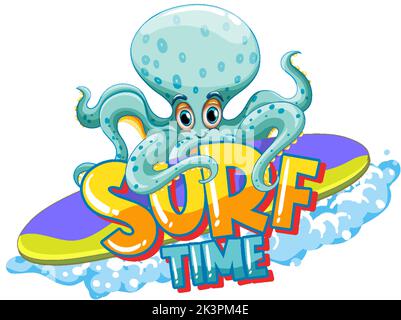 Octopus cartoon character with surf time word illustration Stock Vector
