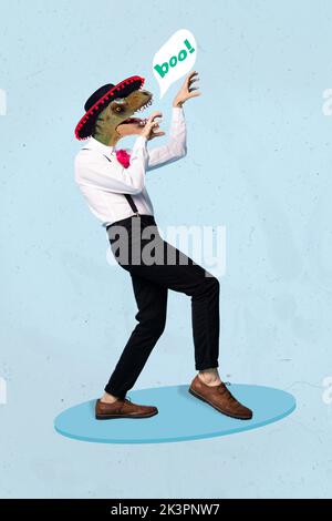 Vertical collage image of person dinosaur head headwear hands make claws boo roar isolated on creative background Stock Photo